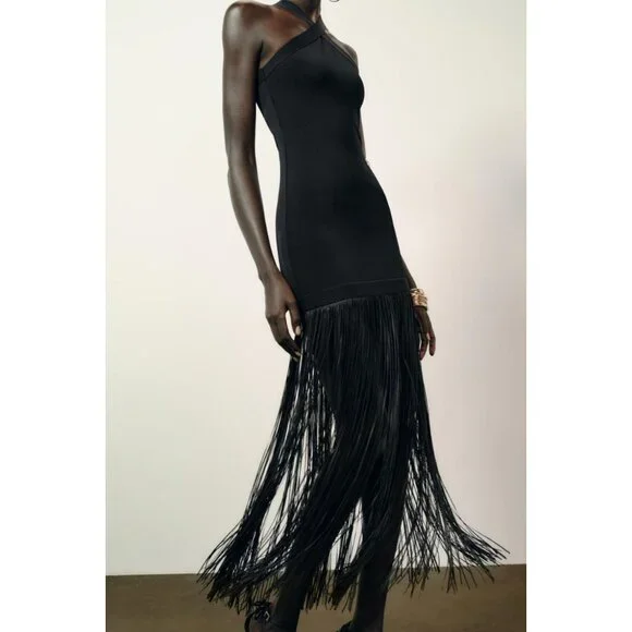 ZARA STRETCH LONG DRESS WITH FRINGING - Picture 3 of 12